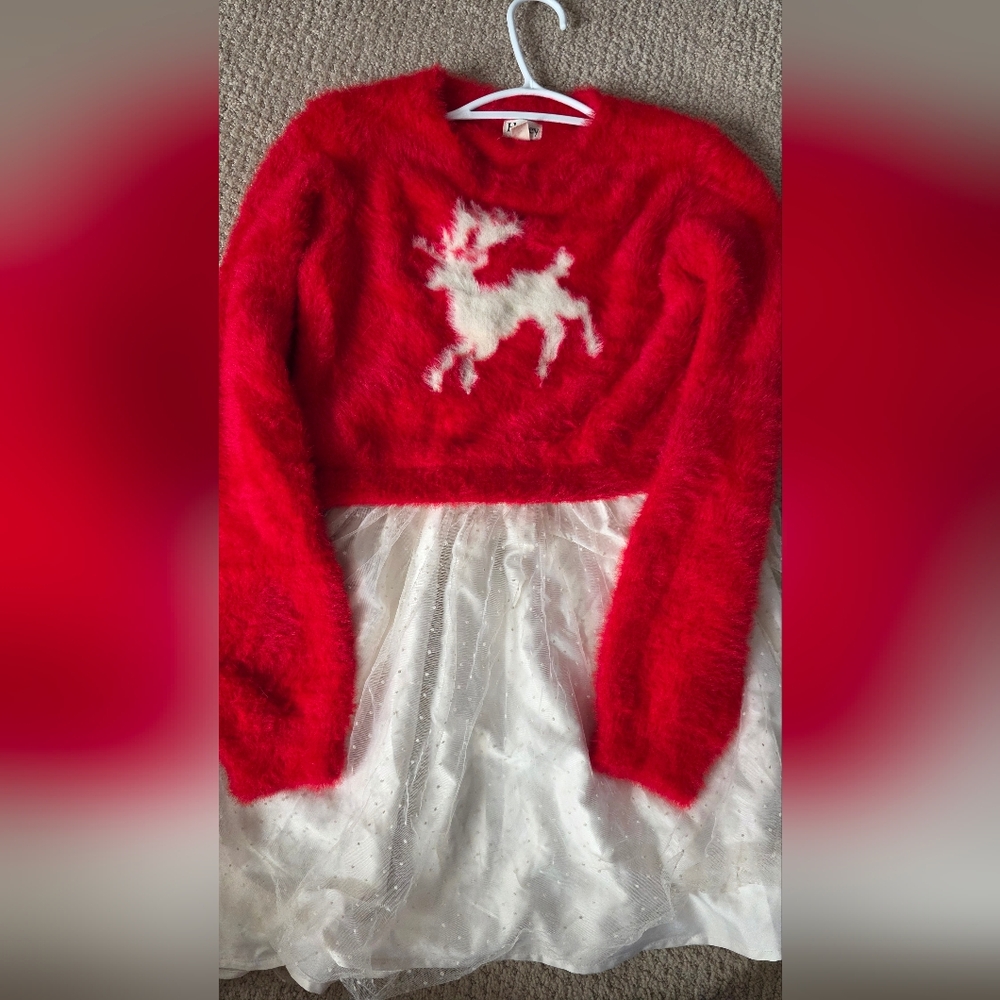 Hatley Red Fuzzy Reindeer Dress with White Skirt